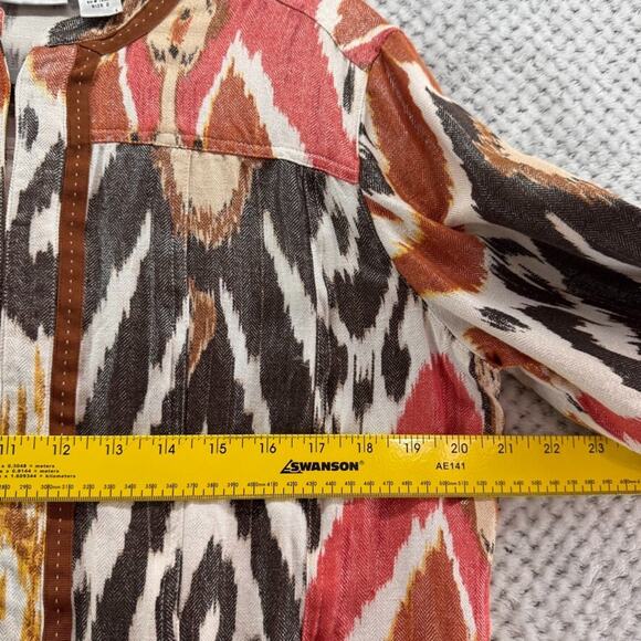 Chicos Jacket Women 2 L Orange Brown Linen Abstract Ikat Metallic Western Pocket - Picture 15 of 16